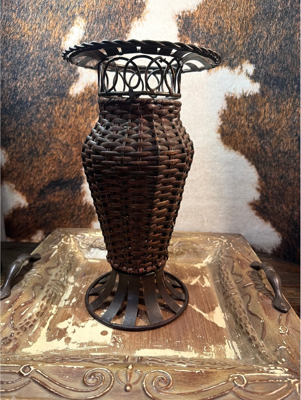 Handwoven Rustic Wicker and Metal Vase or Decorative Pot